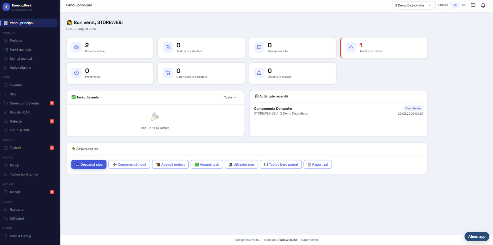EnergyDesk dashboard in Romanian showing active projects, pending tasks, minimum stock alert and recent field activity