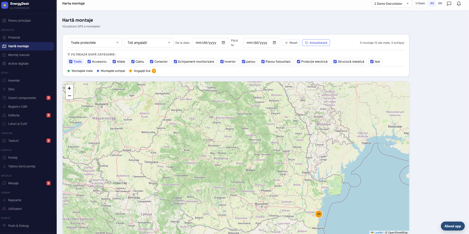 EnergyDesk GPS installation map of Romania with category filters for panels, inverters, cables and monitoring equipment