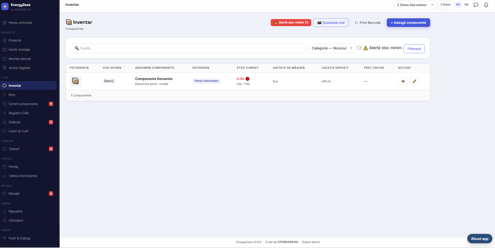 EnergyDesk inventory list showing component code, category, current stock against minimum, warehouse location and barcode printing