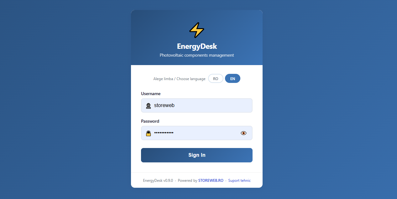 EnergyDesk sign-in screen with a Romanian and English language selector